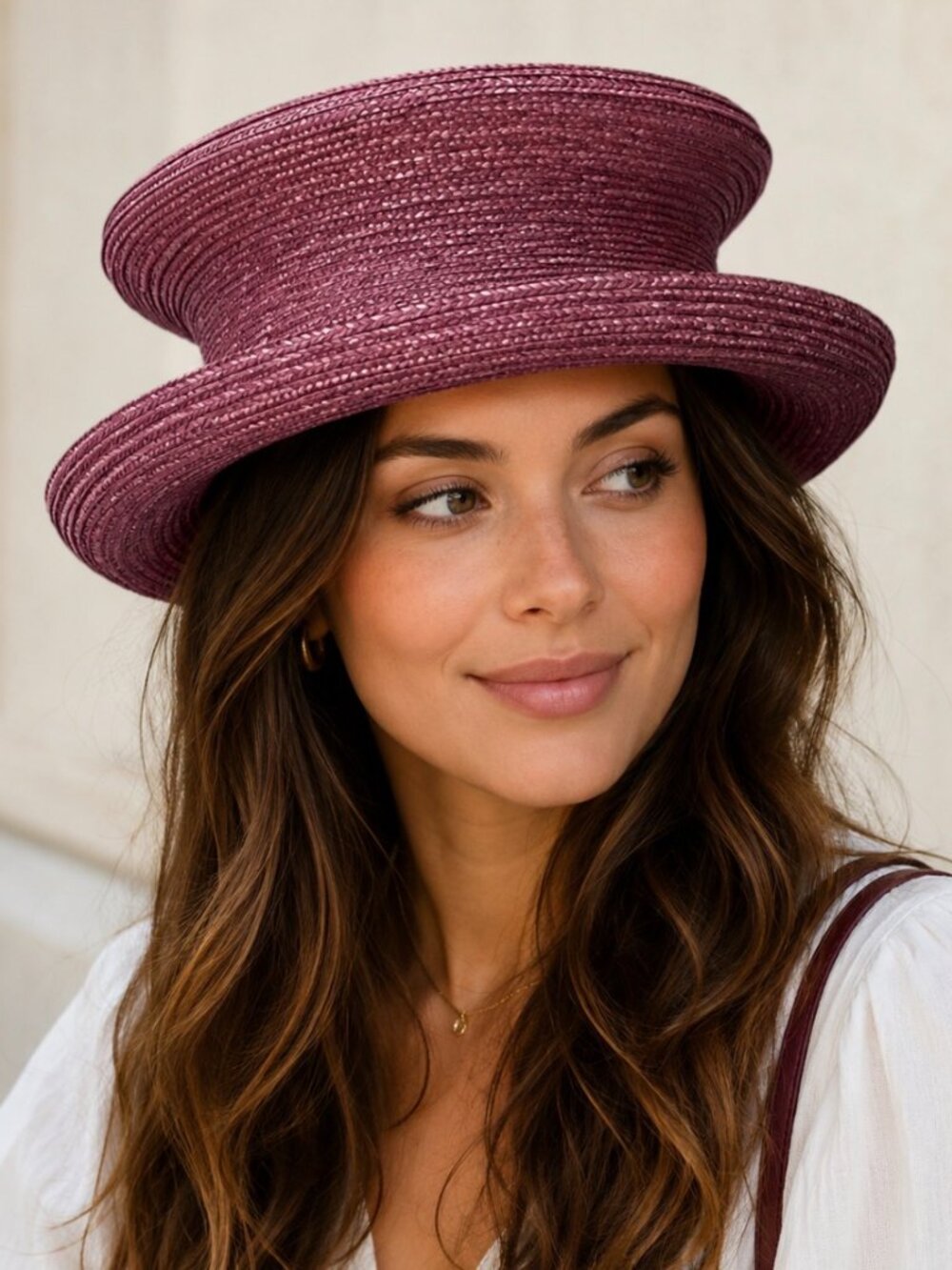 Eric Javits Handwoven Straw Hat Plum Berry Tiered Crown Resort Boater Style